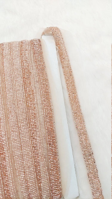 Beige Net Bridal Trim Rose Gold Beaded Embroidery, Hand Embroidered Bead Lace, Trim By 9 Yards